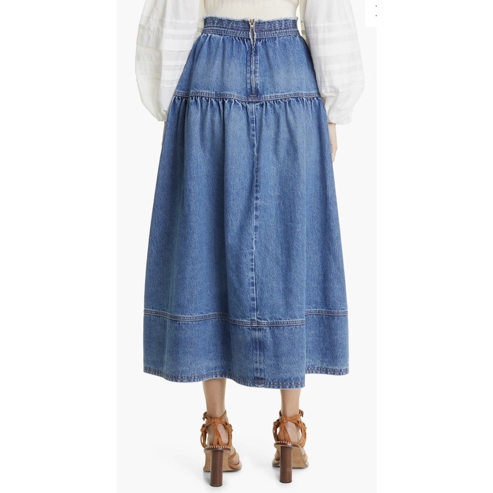 Ulla Johnson Astrid Denim Midi Skirt NWOT Retail $530 Frayed Waist Indigo Boho 4 - Picture 2 of 13